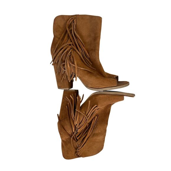 Leather soft brown boots w cutout toe fringe on sides, wedge heel cowboy sz 8 - Picture 2 of 6